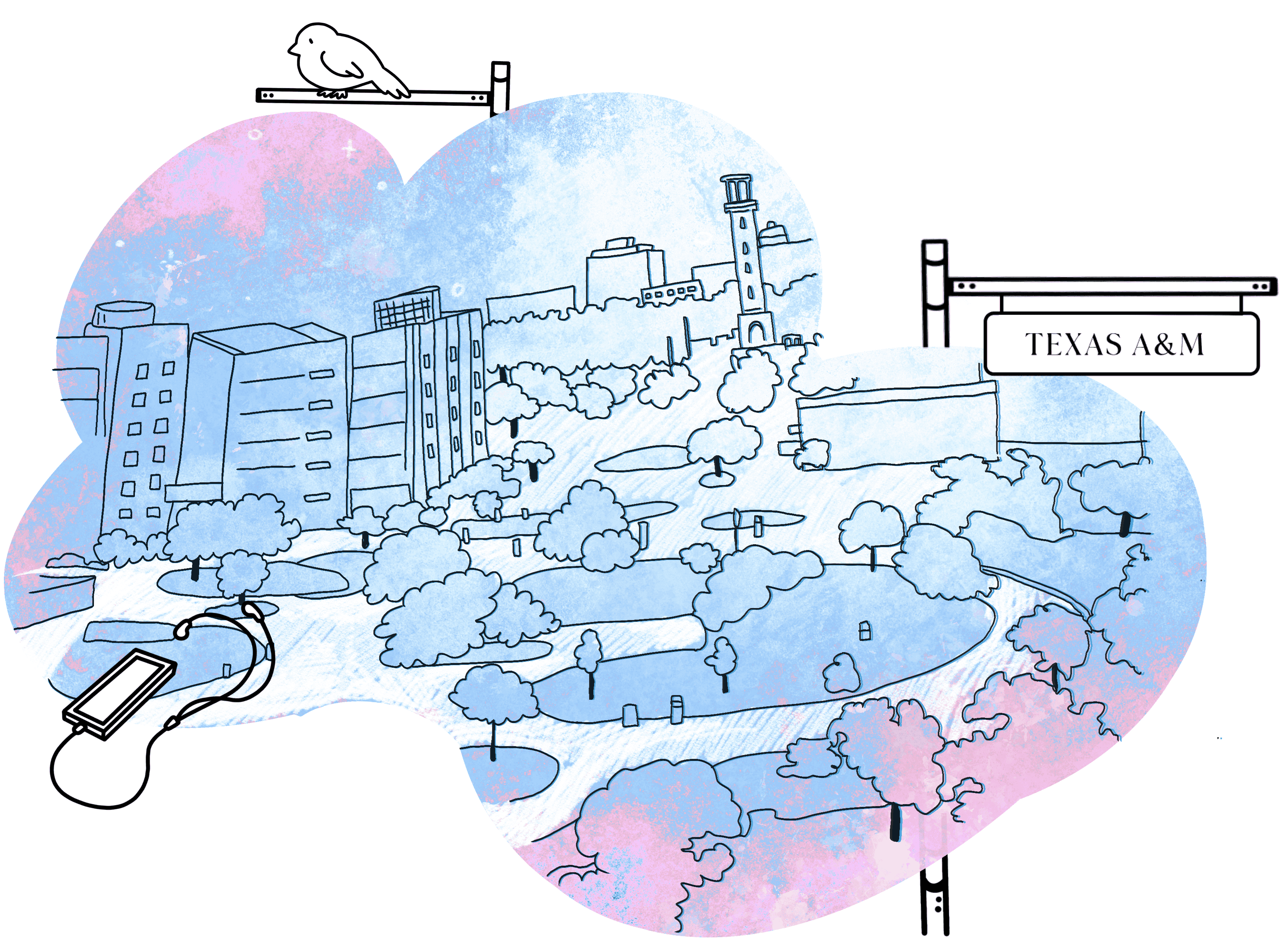 Reflection of College Station in a puddle